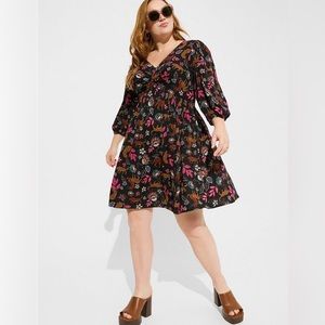 Torrid Mini Rayon Slub Balloon Sleeve Twist Front Leopard Floral Print Dress 00